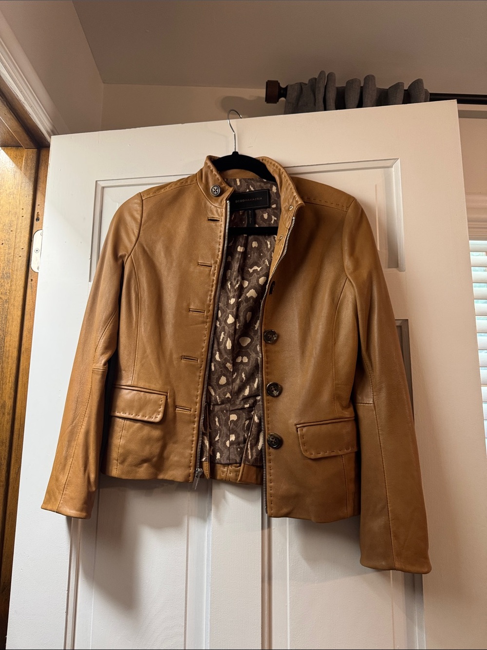 BCBGMaxAzria Camel Leather Button-Front Jacket